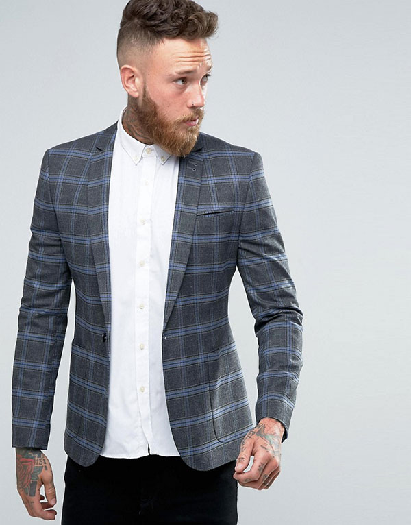 ASOS Skinny Blazer in Grey And Blue Check