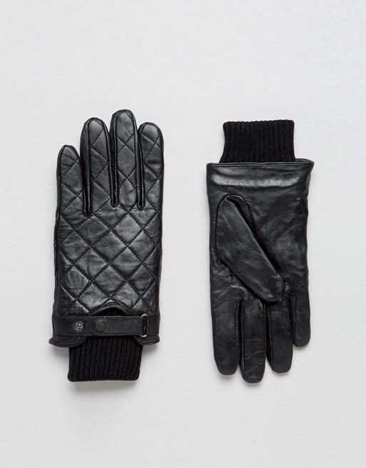 Barbour Qulited Leather Gloves In Black
